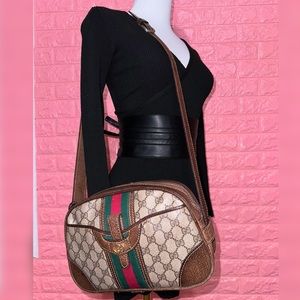 Gucci Brown Vintage Web GG Canvas, Leather Crossbody Bag